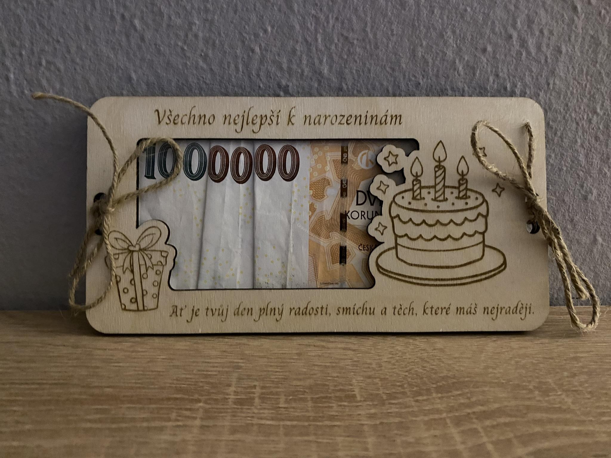 Dřevěné přání na bankovky - k narozeninám 01