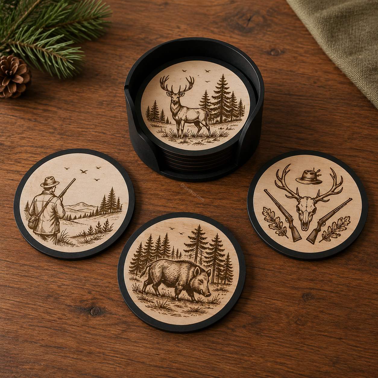 Designové dřevěné podtácky WOOD PRINT – sada 4 ks + držák