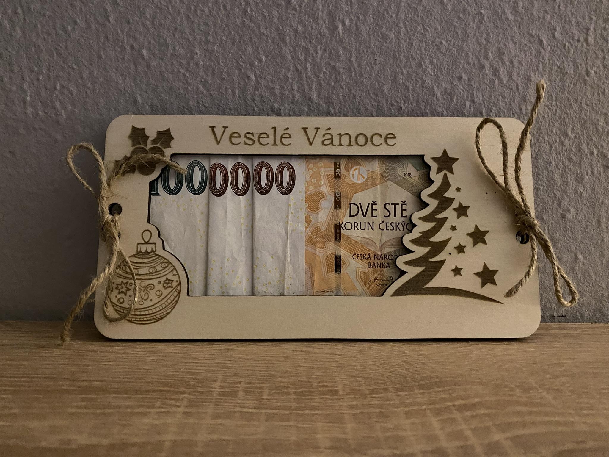 Dřevěné přání na bankovky - Veselé Vánoce 02