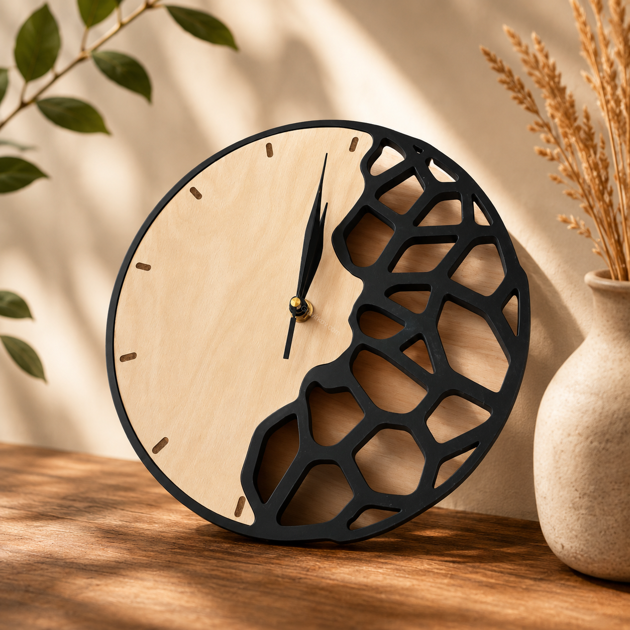Designové nástěnné hodiny WOOD GEO – březová překližka & 3D tisk