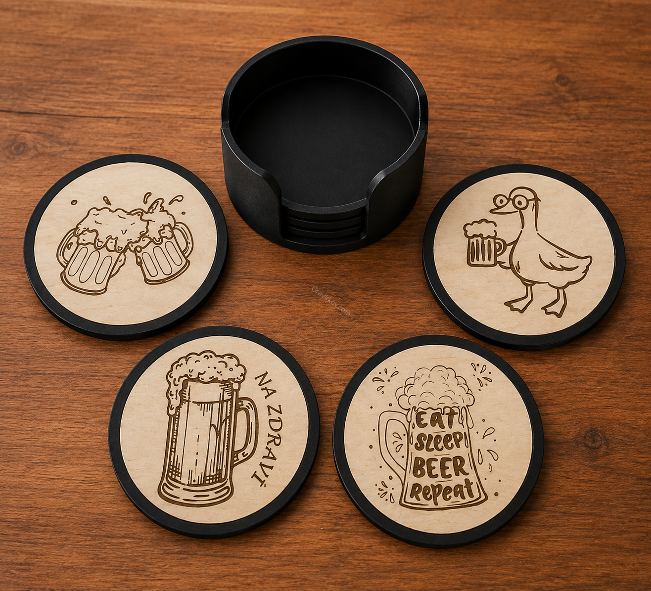 Designové dřevěné podtácky WOOD PRINT – sada 4 ks + držák