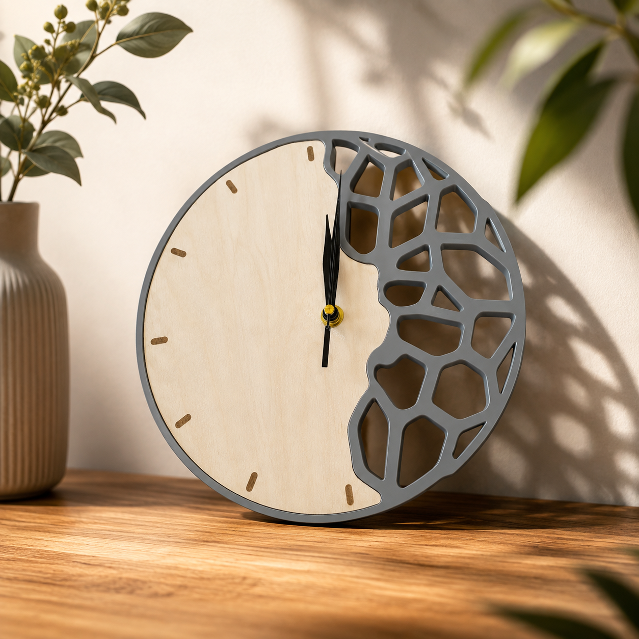 Designové nástěnné hodiny WOOD GEO – březová překližka & 3D tisk