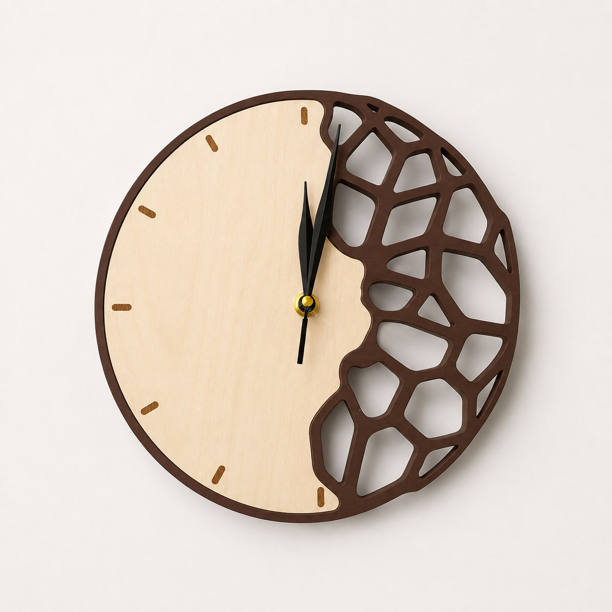 Designové nástěnné hodiny WOOD GEO – březová překližka & 3D tisk
