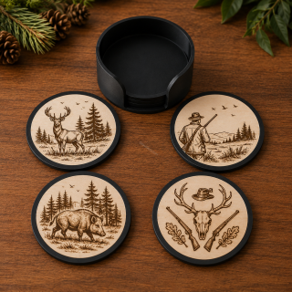 Designové dřevěné podtácky WOOD PRINT – sada 4 ks + držák